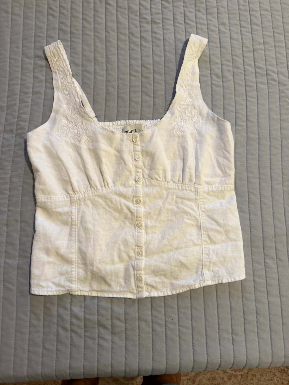Hollister Linen Blend Top Stretch Back Womens L White Crop Sleeveless Embroidery